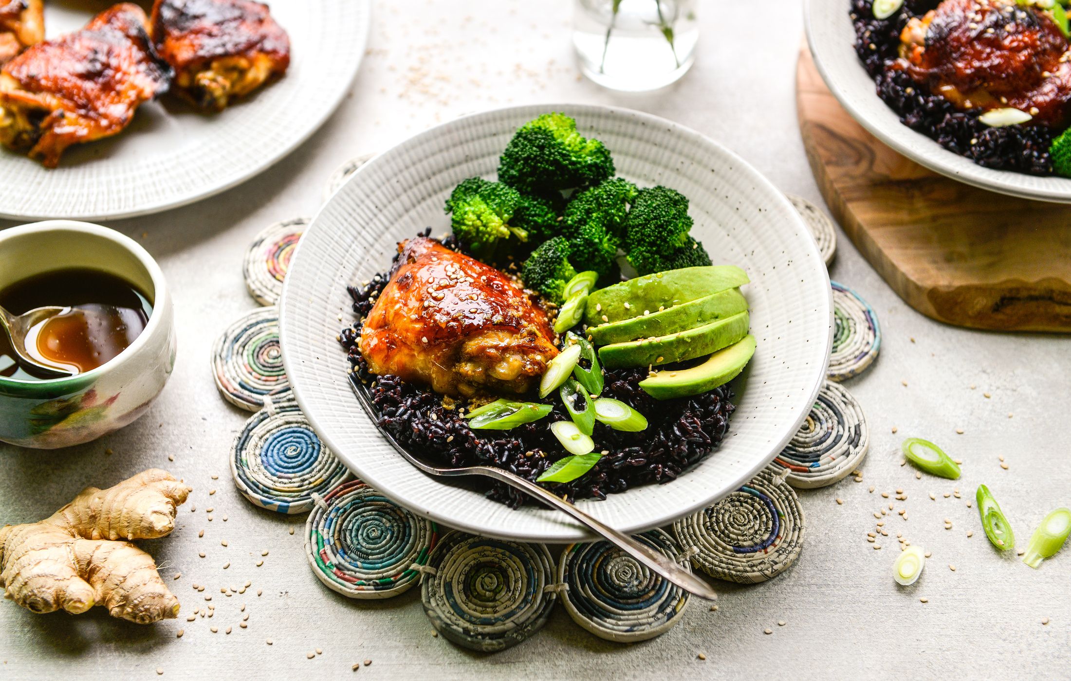 Black Rice, Roasted GingerChicken, and Broccoli Bowls Nourishing Meals®